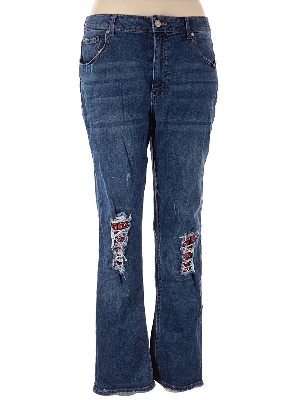 Distressed Dark Blue Jeans with Red Paisley Patches by C Est. 1946, Stretchy - Picture 3 of 15
